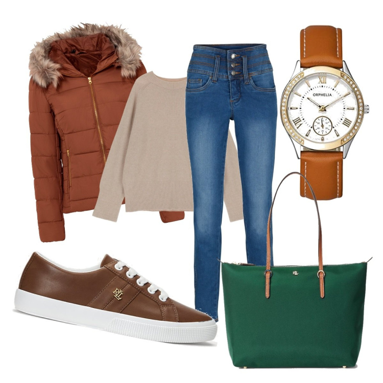 Outfit donna - Shopping in novembre. Stile Trendy per Tutti i giorni. Abbinamento con giacche, jeans, pullovers, borse tote, sneakers, orologi.
