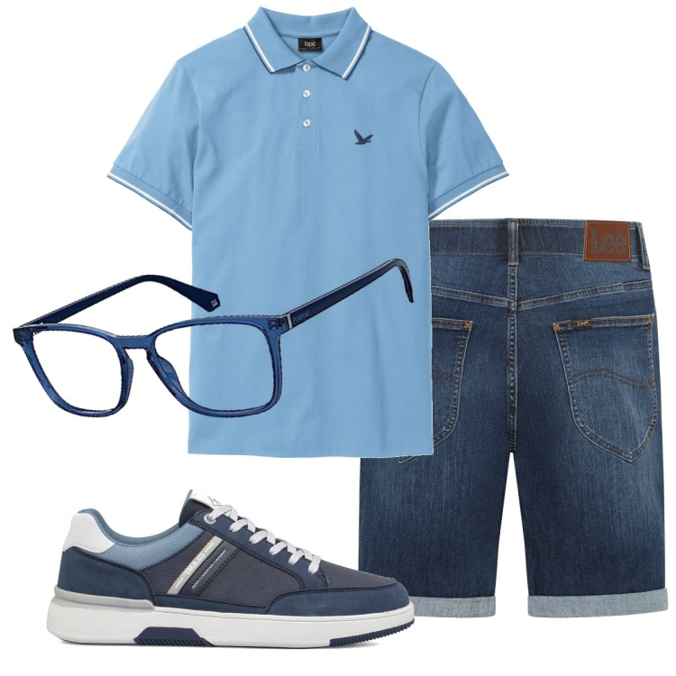 Outfit uomo - Scampolo d\'estate. Stile Casual per Tutti i giorni. Abbinamento con polo, jeans, sneakers, occhiali da sole.