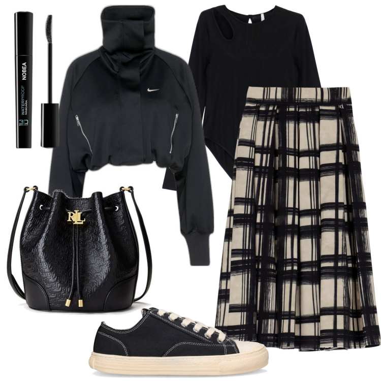 Outfit donna - Il mio comodo urban. Stile Urban per Tutti i giorni. Abbinamento con mascara, body, gonne longuette, giacche, borse a secchiello, sneakers.