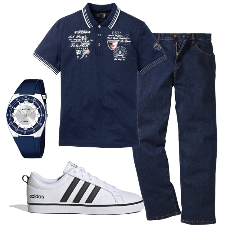 Outfit uomo - Total look #1742820. Stile Casual per Ufficio. Abbinamento con jeans dritti, polo, sneakers, orologi analogici.