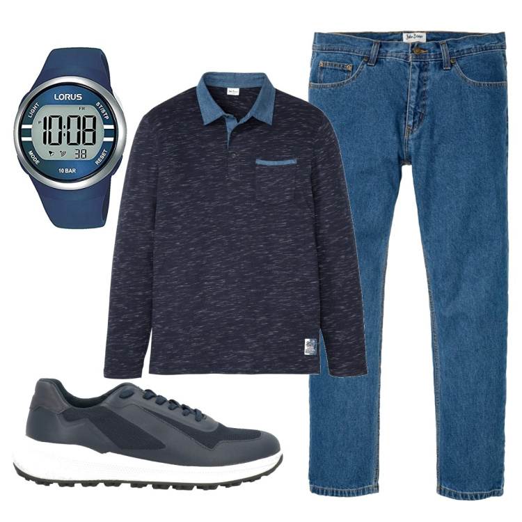 Outfit uomo - Per una certa età. Stile Casual per Tutti i giorni. Abbinamento con jeans dritti, polo, sneakers, orologi digitali.
