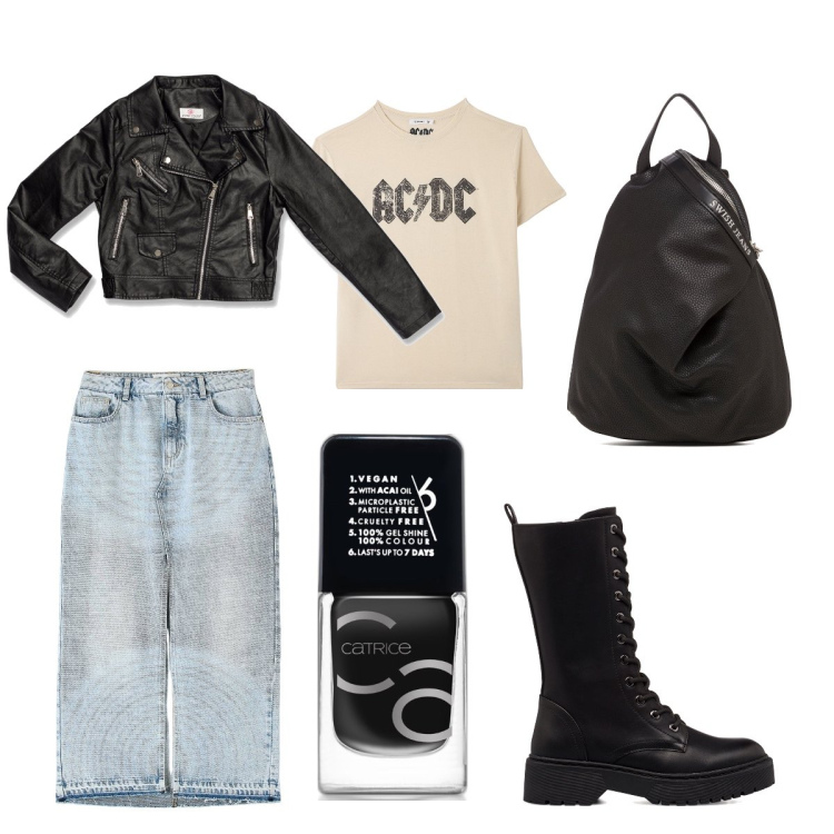 Outfit donna - Bella aggressiva. Stile Rock per Tutti i giorni. Abbinamento con smalti, gonne lunghe, t-shirt, anfibi, zaini, cappotti.