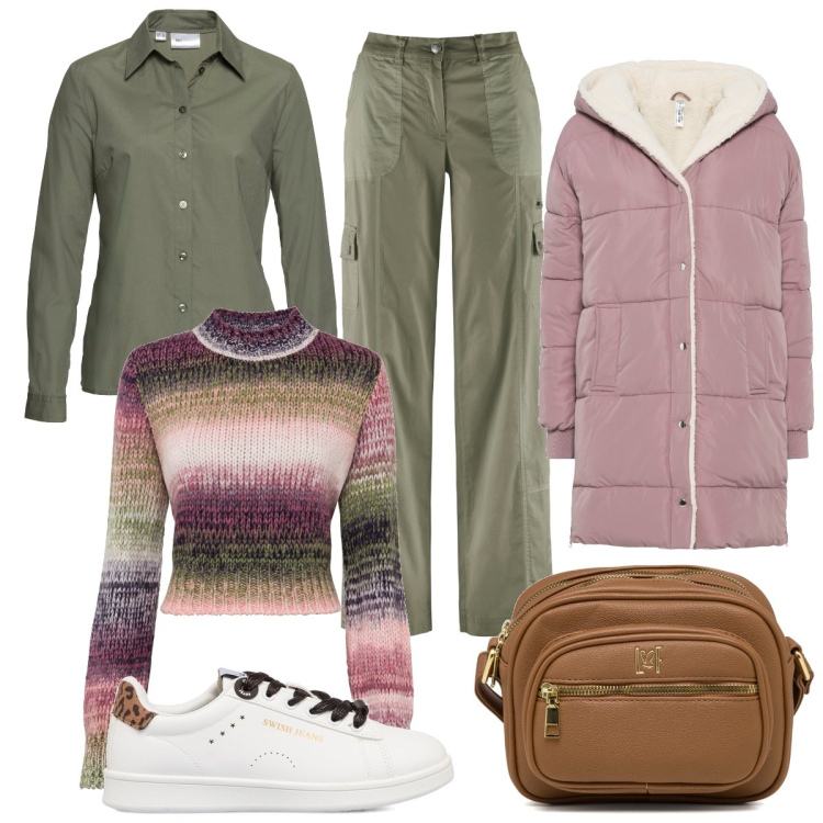 Outfit donna - In verde e pervinca. Stile Casual per Tutti i giorni. Abbinamento con pantaloni cargo, maglieria, cappotti, camicie, borse a tracolla, sneakers.