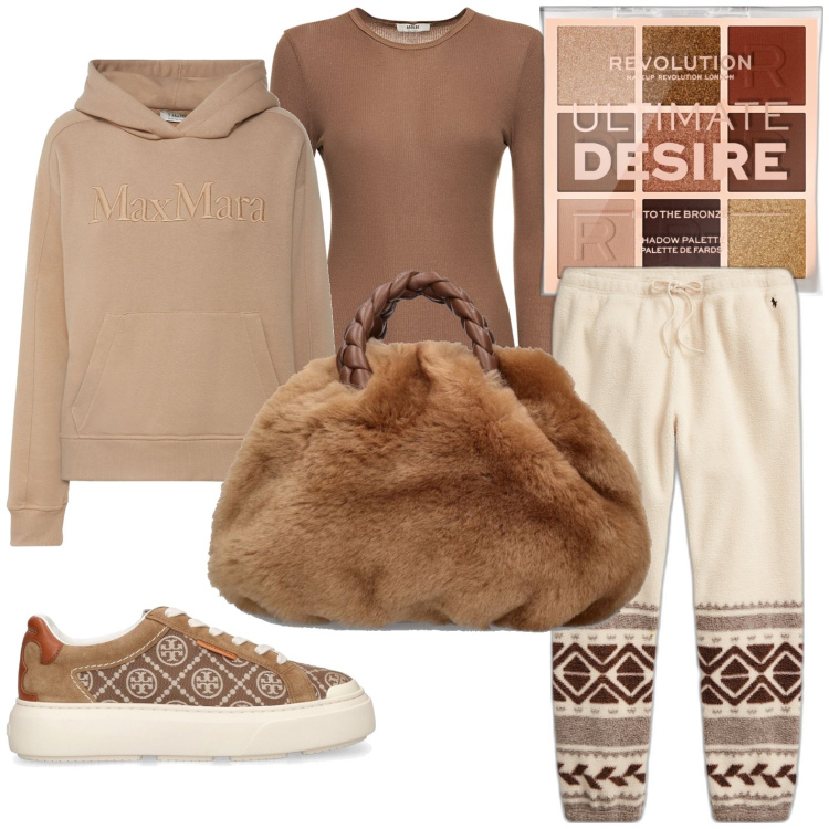 Outfit donna - Total look #1742944. Stile Casual per Tutti i giorni. Abbinamento con ombretti, pantaloni, borse a mano, felpe con cappuccio, sneakers, t-shirt.