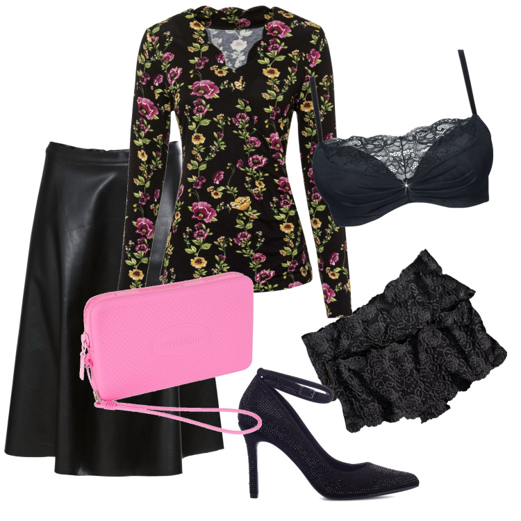 Outfit donna - Un tocco di rosa acceso. Stile Sexy per Serata fuori. Abbinamento con reggiseni push-up, culotte, bluse, gonne, décolleté, pochette.