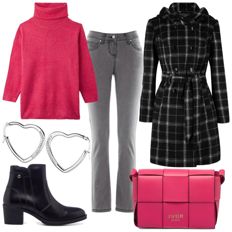 Outfit donna - Contrasto fluo e nero. Stile Casual per Tutti i giorni. Abbinamento con jeans slim fit, cappotti, maglieria, borse a tracolla, stivaletti, orecchini.