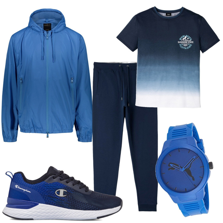 Outfit uomo - Tuta blu. Stile Casual per Tutti i giorni. Abbinamento con t-shirt, pantaloni sportivi, sneakers, giacche, orologi.