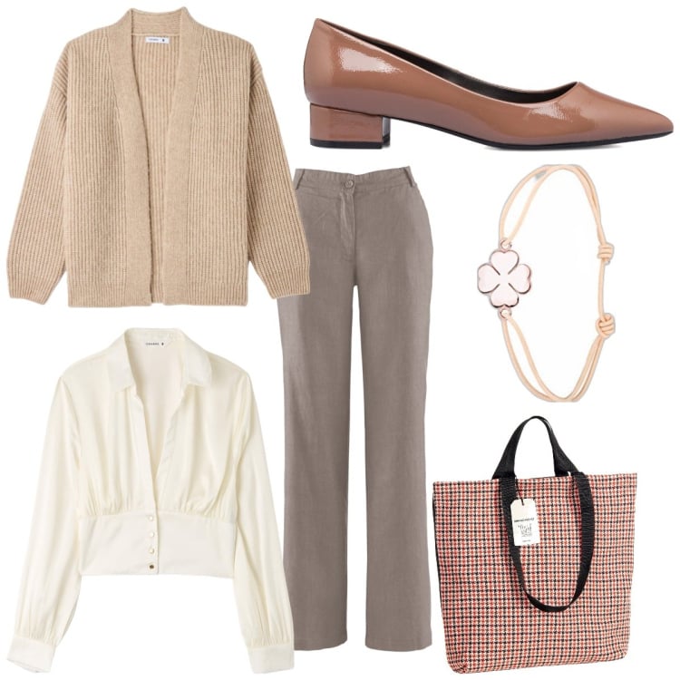 Outfit donna - Cottage inglese. Stile Casual chic per Tutti i giorni. Abbinamento con pantaloni, camicie, cardigans, borse tote, décolleté, braccialetti.