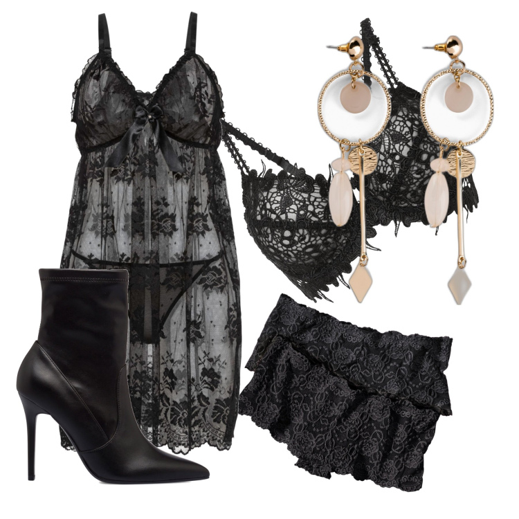 Outfit donna - Ehm…facciamo salire la pressione. Stile Sexy per Tutti i giorni. Abbinamento con culotte, orecchini, vestaglie, reggiseni, stivaletti.