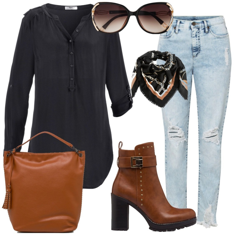 Outfit donna - Comoda e trendy. Stile Trendy per Tutti i giorni. Abbinamento con tuniche, occhiali da sole, jeans mom, foulard, stivaletti, zaini.