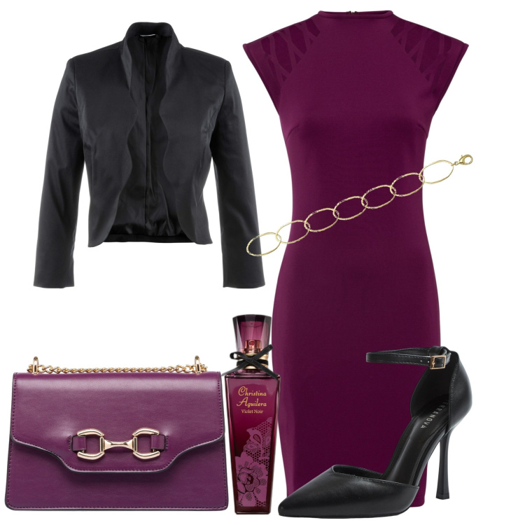 Outfit donna - Serata. Stile Trendy per Serata fuori. Abbinamento con vestiti, blazer, profumi, décolleté, borse a tracolla, braccialetti.