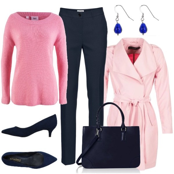 Outfit donna - Freddino stamattina. Stile Bon Ton per Ufficio. Abbinamento con pantaloni, pullover con scollo rosa e corda, décolleté effetto scamosciato con tacco spillo interno sfoderato a punta tinta unita, trench rosa, borsa a mano blu, orecchini in argento 925.