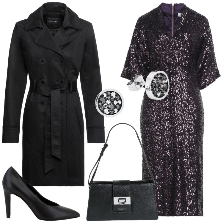 Outfit donna - Serata fuori. Stile Glamour per Serata fuori. Abbinamento con trench, vestiti midi/longuette, borse a mano, décolleté, orecchini.