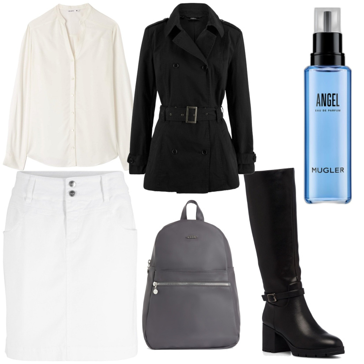 Outfit donna - Allo street food. Stile Basic per Tutti i giorni. Abbinamento con minigonne, trench, profumi, camicie, zaini, stivali sopra il ginocchio.