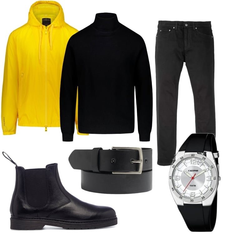Outfit uomo - Il fine settimana di pioggia. Stile Casual per Tutti i giorni. Abbinamento con jeans slim fit, stivali e stivaletti, maglieria, giacche, orologi analogici, cinture.
