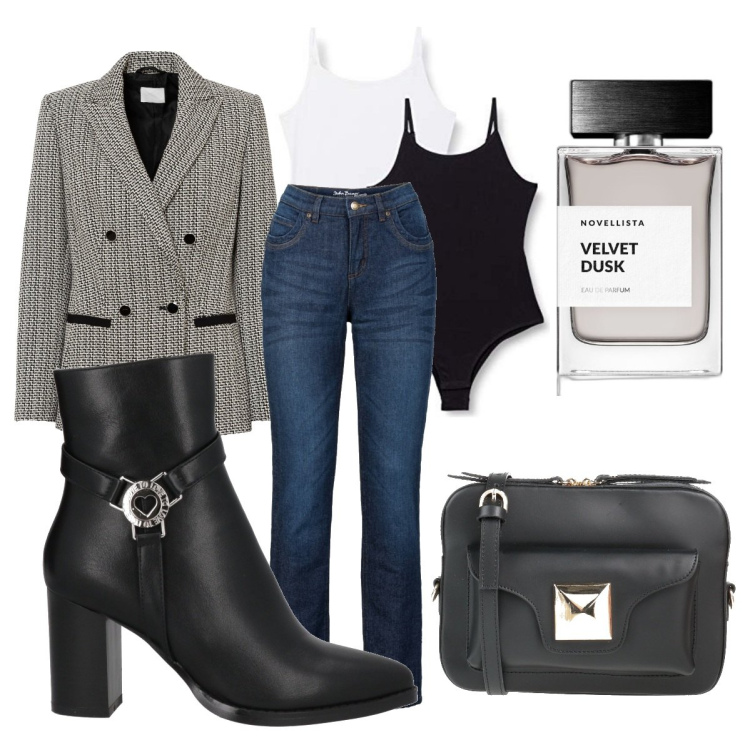 Outfit donna - Post Office. Stile Casual chic per Tutti i giorni. Abbinamento con blazer, jeans dritti, stivaletti, borse a tracolla, profumi, body.