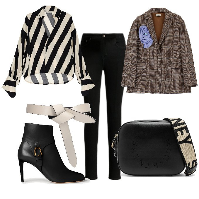 Outfit donna - Trendy al lavoro. Stile Chic per Ufficio. Abbinamento con blazer, camicie, jeans skinny, stivaletti, borse a tracolla, cinture.