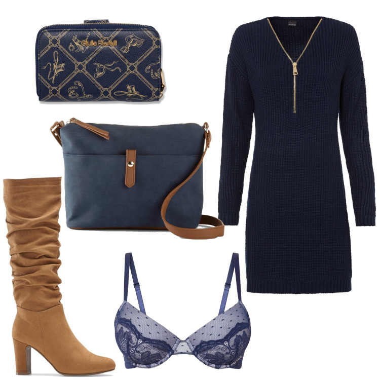 Outfit donna - Lingerie comoda ed elegante. Stile Basic per Ufficio. Abbinamento con vestiti, borse a tracolla, reggiseni, stivali, portafogli.