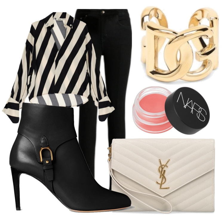 Outfit donna - A cena fuori. Stile Casual chic per Serata fuori. Abbinamento con blush, camicie, jeans skinny, stivaletti, pochette, anelli.