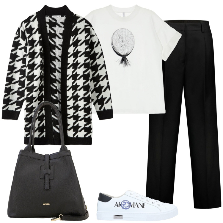 Outfit donna - Cardigan pied de poule. Stile Casual chic per Ufficio. Abbinamento con sneakers, cardigans, t-shirt, borse a secchiello, pantaloni.