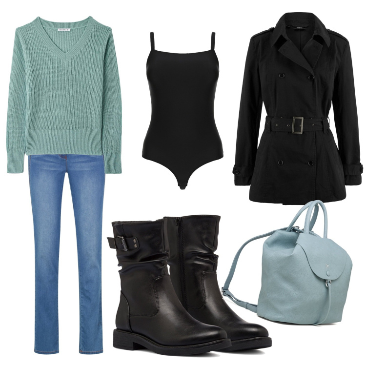 Outfit donna - Con la mia amica pranzo in relax. Stile Casual per Tutti i giorni. Abbinamento con trench, jeans, maglieria, body, stivaletti, zaini.