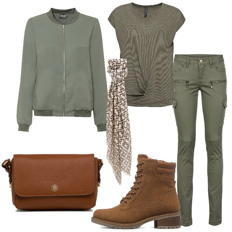 Outfit donna - Military Style ad ottobre. Stile Military per Tutti i giorni. Abbinamento con pantaloni cargo, maglieria, bomber, foulard, borse a tracolla, stivaletti.
