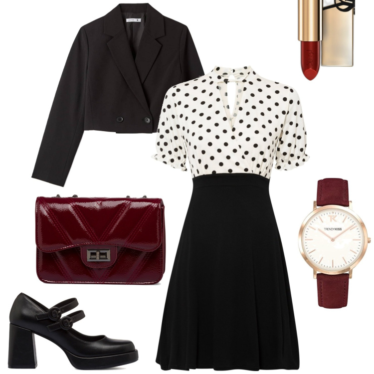 Outfit donna - Rosso e nero. Stile Bon Ton per Tutti i giorni. Abbinamento con vestiti, rossetti, blazer, décolleté, borse a tracolla, orologi.
