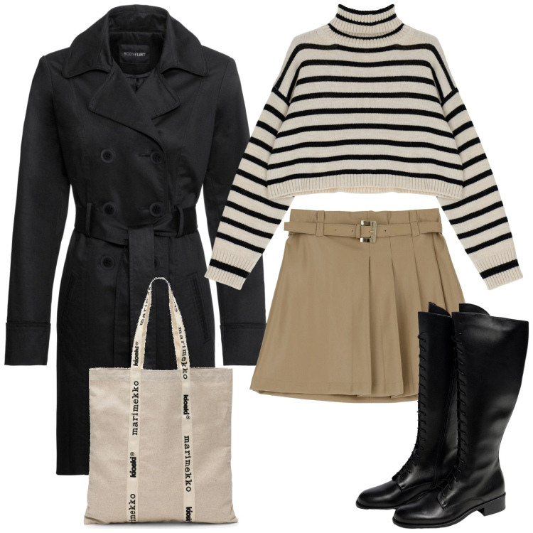 Outfit donna - Trench nero. Stile Casual chic per Tutti i giorni. Abbinamento con trench, maglieria, minigonne, stivali sopra il ginocchio, borse tote.