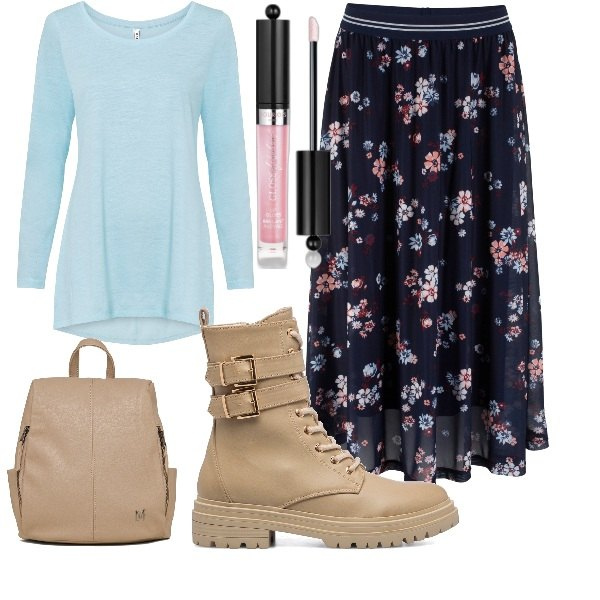 Outfit donna - Gonna e anfibi. Stile Glamour Abbinamento con gonne longuette, maglieria, gloss, zaini, anfibi.