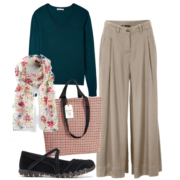 Outfit donna - I pantapalazzo con le ballerine. Stile Casual chic per Tutti i giorni. Abbinamento con foulard, pantaloni capri, scarpe sportive, maglieria, borse tote.
