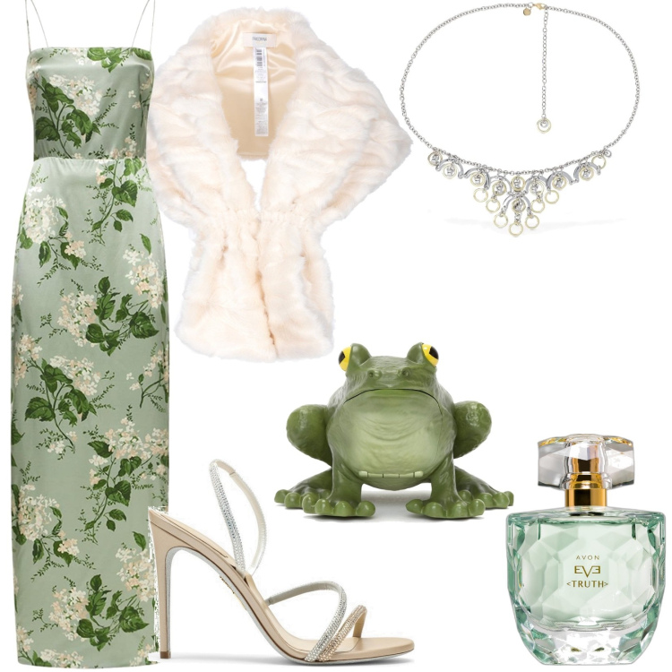 Outfit donna - La principessa moderna. Stile Romantica per Cerimonia. Abbinamento con profumi, stole, vestiti, pochette, collane, sandali col tacco.