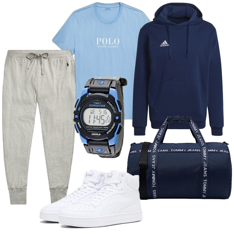 Outfit uomo - C\'è tutto. Stile Casual per Sport. Abbinamento con pantaloni, t-shirt, felpe con cappuccio, sneakers alte, orologi digitali, borse sportive.