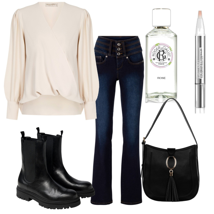 Outfit donna - Total look #1743641. Stile Urban per Tutti i giorni. Abbinamento con jeans bootcut, profumi, correttori, bluse, borse a spalla, stivaletti chelsea.