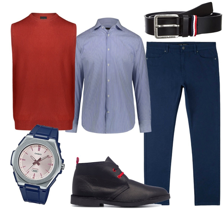 Outfit uomo - Hallo. Stile Casual per Tutti i giorni. Abbinamento con pantaloni skinny, stivali e stivaletti, gilet, orologi, camicie, cinture.