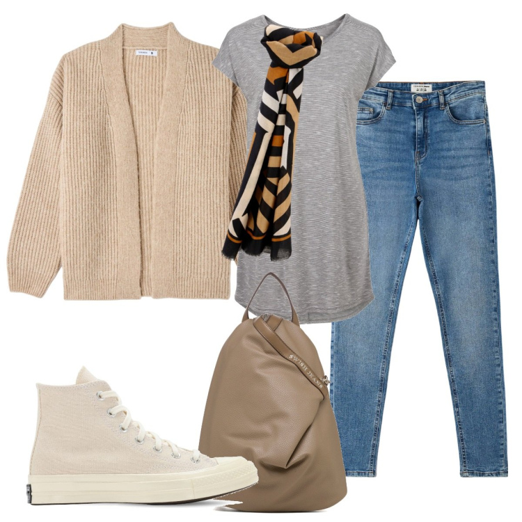 Outfit donna - Domani. Stile Casual per Tutti i giorni. Abbinamento con maglieria, cardigans, jeans skinny, foulard, zaini, sneakers.