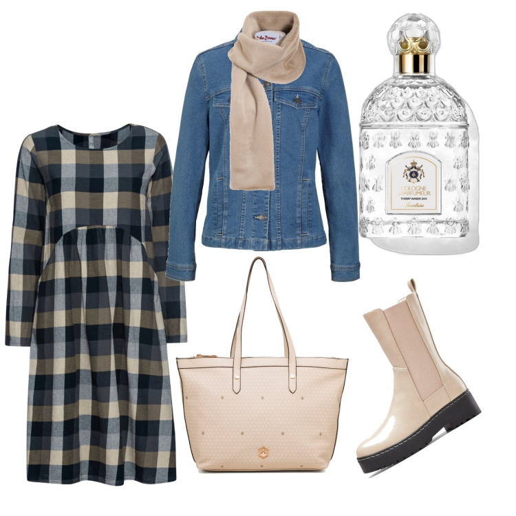 Outfit donna - L\' abito a quadri. Stile Casual per Tutti i giorni. Abbinamento con stivali, vestiti, blazer, profumi, foulard, borse a spalla.