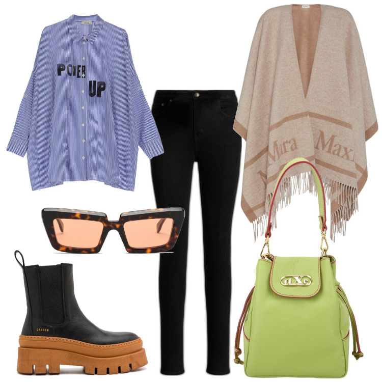 Outfit donna - Stivaletti e jeans. Stile Casual chic per Tutti i giorni. Abbinamento con borse a secchiello, camicie, stivaletti, jeans skinny, cappotti, occhiali da sole.