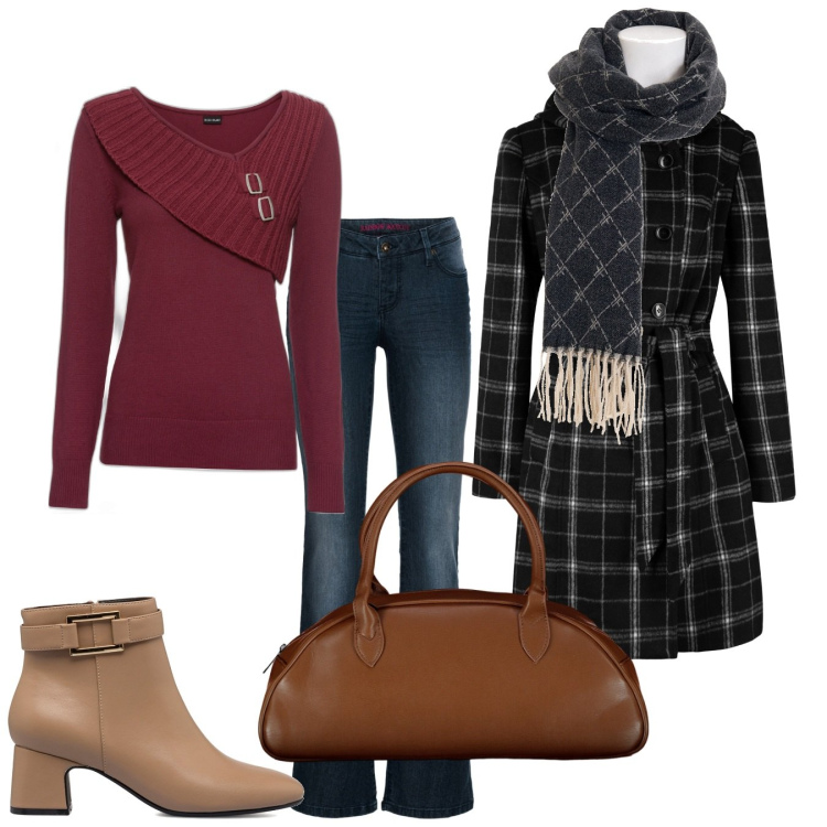 Outfit donna - Stivaletti e jeans 2. Stile Casual chic per Tutti i giorni. Abbinamento con maglieria, jeans bootcut, cappotti, sciarpe, stivaletti, borse a spalla.