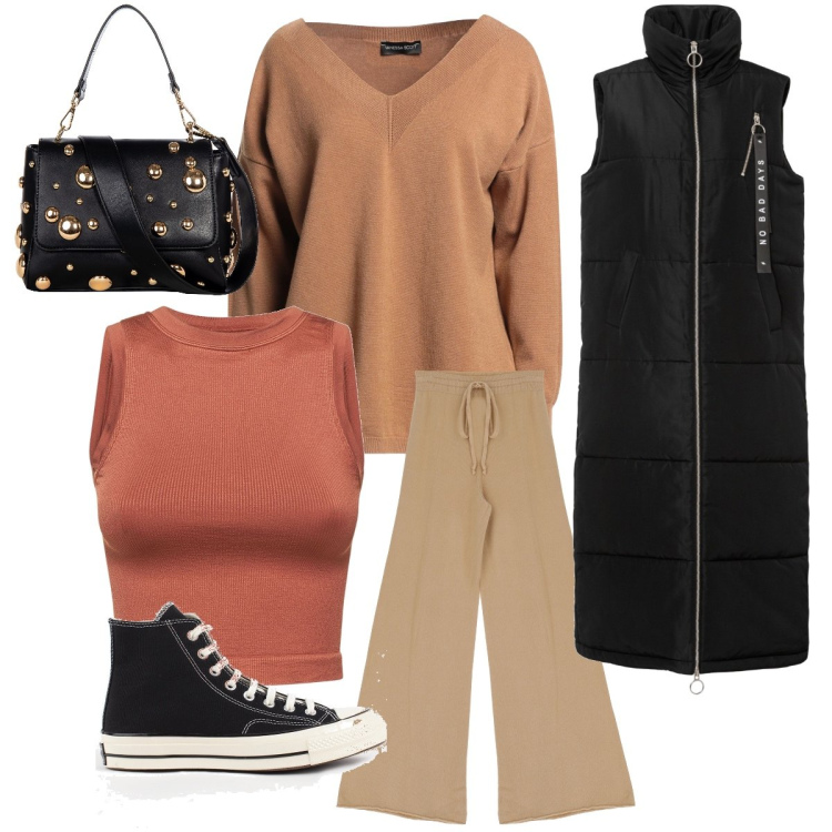 Outfit donna - Foliage. Stile Casual chic per Tutti i giorni. Abbinamento con gilet, pullovers, borse a spalla, pantaloni a palazzo, sneakers, canottiere.