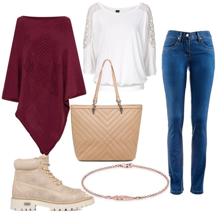 Outfit donna - Passeggiata la domenica. Stile Casual per Tutti i giorni. Abbinamento con maglieria, jeans dritti, cappotti, stivaletti, borse a spalla, braccialetti.