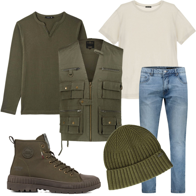 Outfit uomo - Domenica al lago. Stile Casual per Tutti i giorni. Abbinamento con t-shirt, sneakers alte, gilet, t-shirt, jeans, berretti.