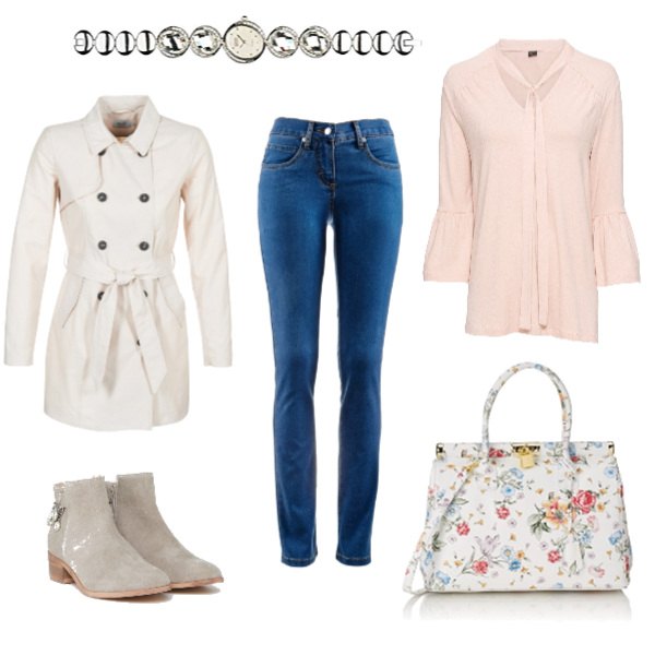 Outfit donna - Look da tutti i giorni. Stile Basic per Tutti i giorni. Abbinamento con jeans dritti, maglia con fiocco lunga con scollo e volant beige, trench beige, borsa a mano fantasia floreale, stivaletti effetto scamosciato, orologio.