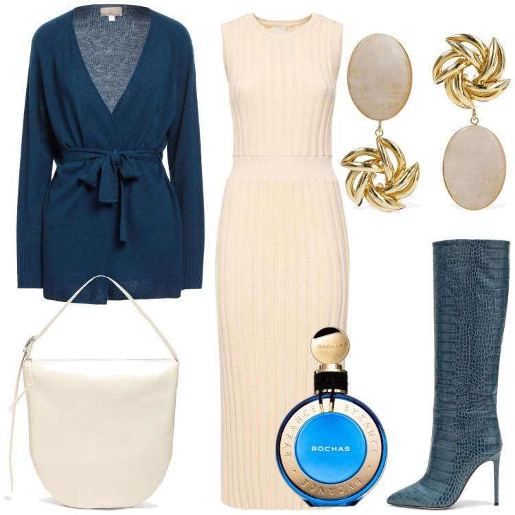 Outfit donna - In maglia. Stile Casual chic per Tutti i giorni. Abbinamento con cardigans, profumi, vestiti, orecchini, stivali, borse a spalla.