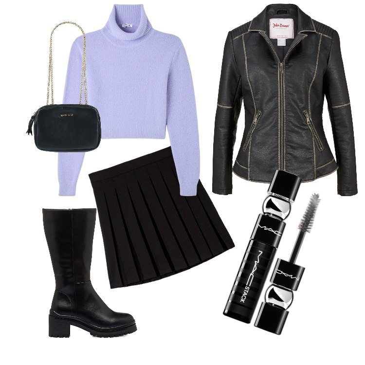 Outfit donna - Total look #1743838. Stile Rock per Serata fuori. Abbinamento con blazer, borse a spalla, mascara, maglieria, minigonne, stivali.
