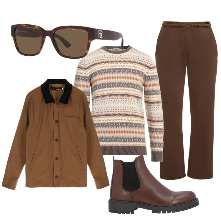 Outfit uomo - Total brown. Stile Trendy per Ufficio. Abbinamento con pullovers, stivali e stivaletti, giacche, occhiali da sole, pantaloni.