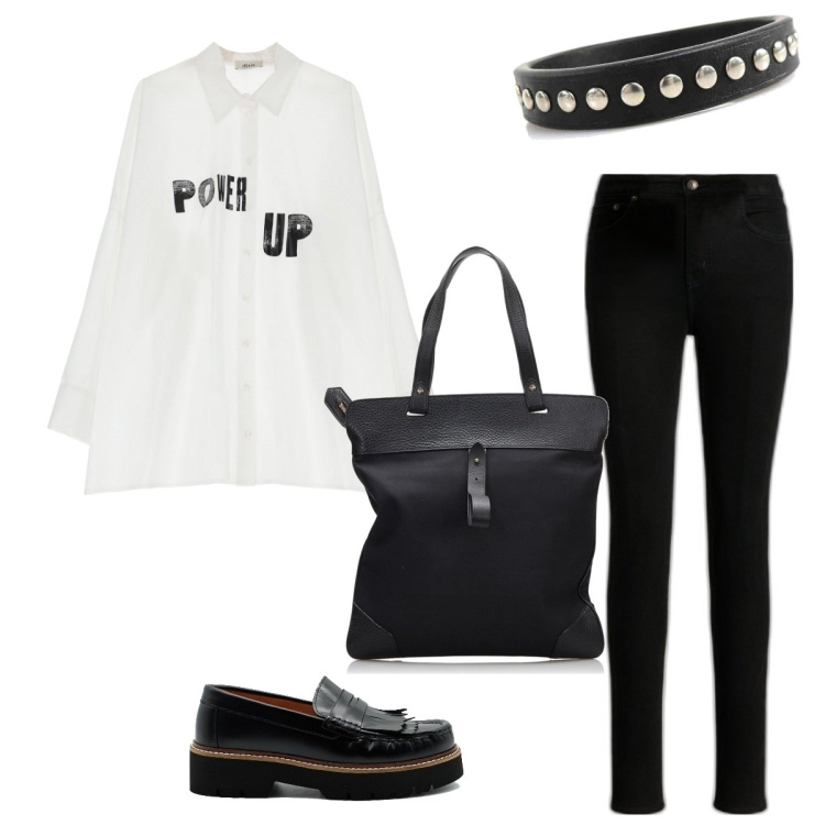 Outfit donna - Black and white. Stile Casual per Scuola/Università. Abbinamento con borse a spalla, braccialetti, camicie, jeans skinny, mocassini.