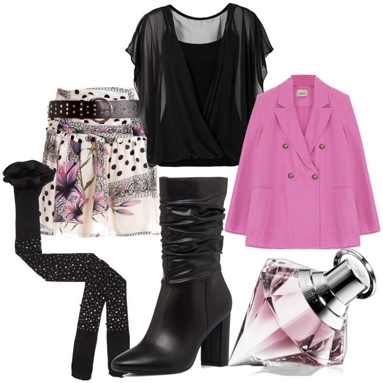 Outfit donna - Francese per scelta. Stile Romantica per Tutti i giorni. Abbinamento con bluse, profumi, collant, gonne, giacche, stivali sopra il ginocchio.