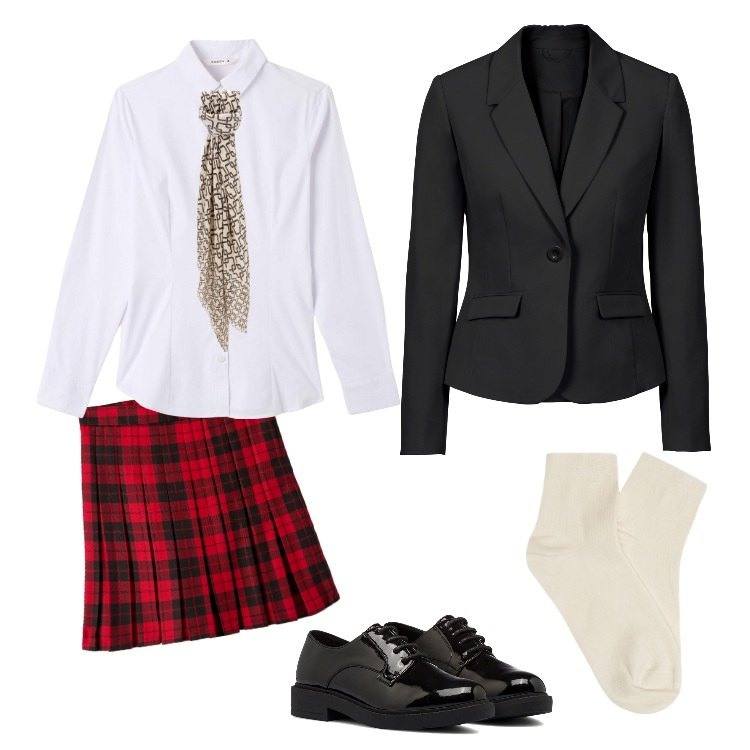 Outfit donna - Total look #1743888. Stile Preppy per Scuola/Università. Abbinamento con blazer, camicie, minigonne, foulard, scarpe stringate, collant.