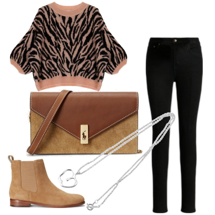 Outfit donna - Stivaletti scamosciato. Stile Casual chic per Ufficio. Abbinamento con collane, maglieria, jeans skinny, clutch, stivaletti chelsea.