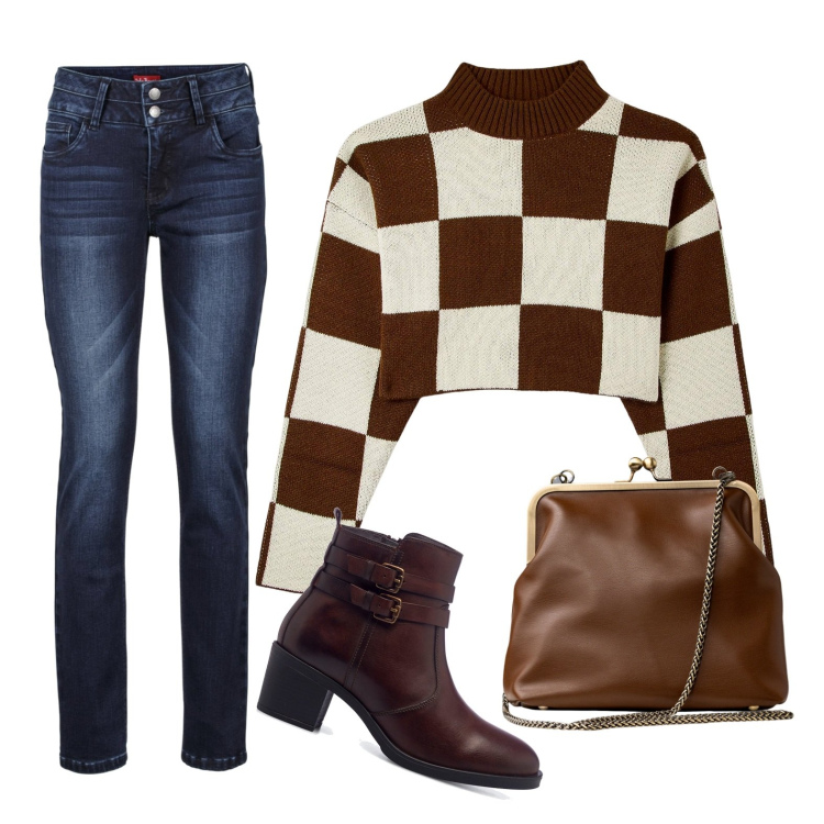 Outfit donna - Scacchi. Stile Casual per Scuola/Università. Abbinamento con jeans, maglieria, stivaletti, clutch.